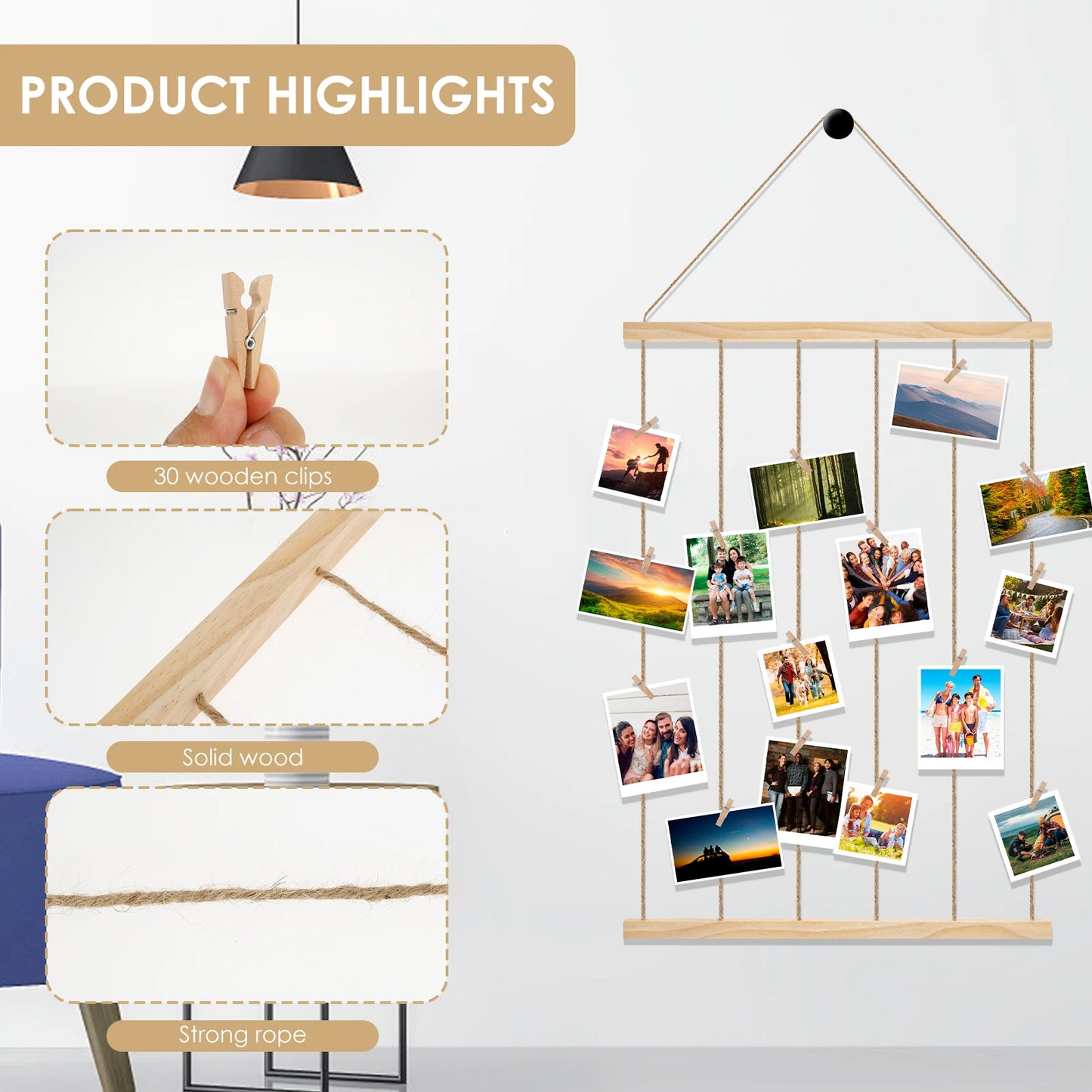 Hanging Photo Display Holder Picture Frames Collage Wall Decor Versatile Photo Hanging Display Picture Board for Home Decoration